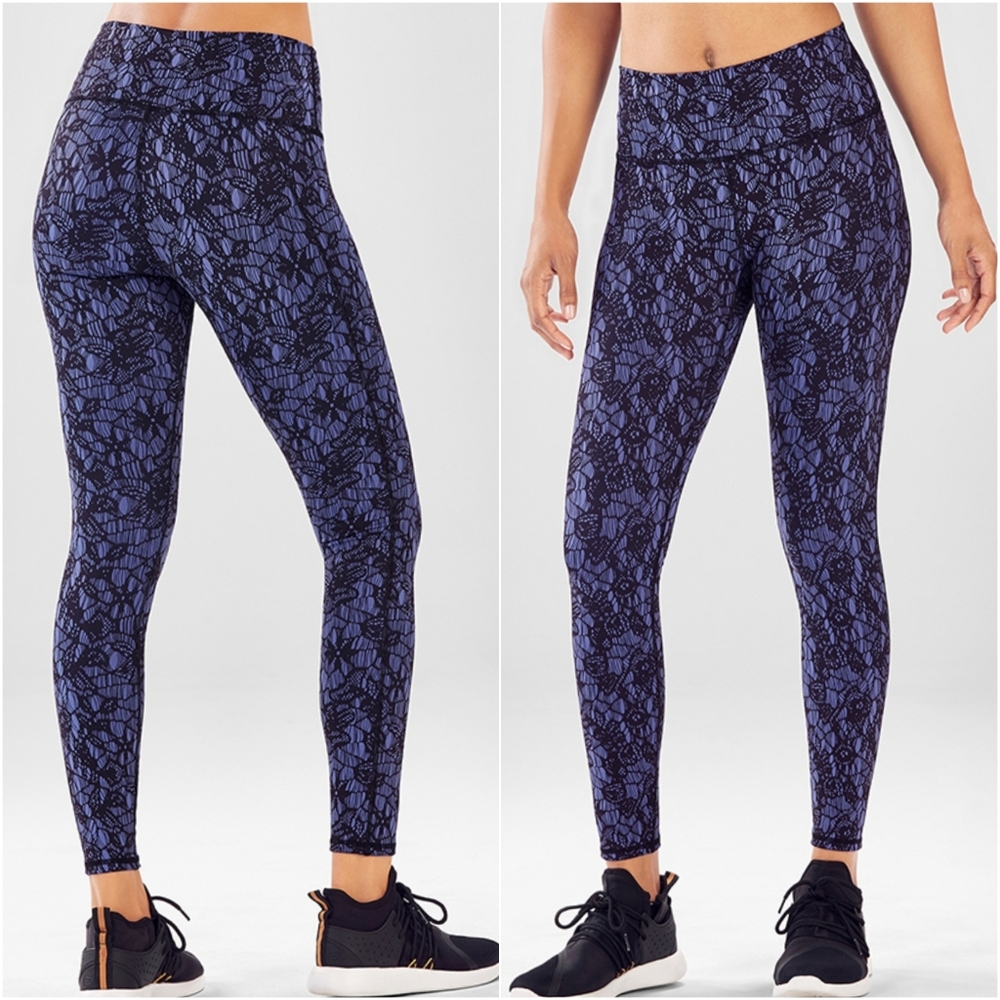 Fabletics Powerhold High Waisted Floral Lace Pattern 7/8 Leggings Sabine Blue